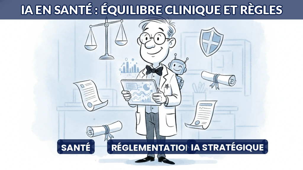 Illustration d'un médecin utilisant une tablette avec des données IA, entouré de symboles réglementaires.