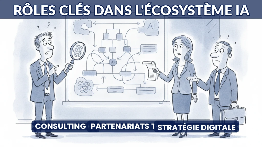 Illustration de trois professionnels discutant autour d'un schéma d'intégration IA.