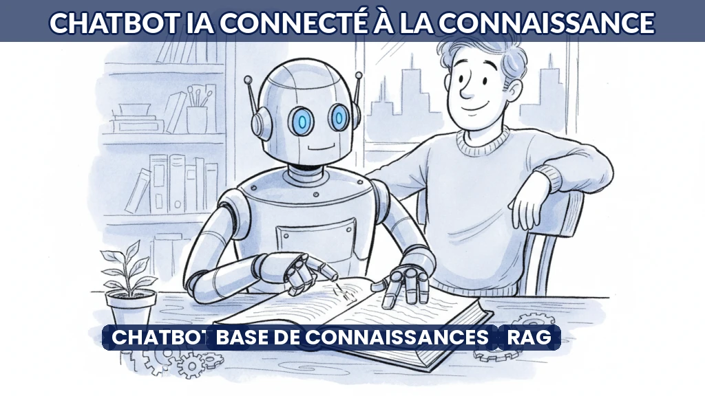 Illustration d'un chatbot IA accédant à une base de connaissances pour répondre à un utilisateur.