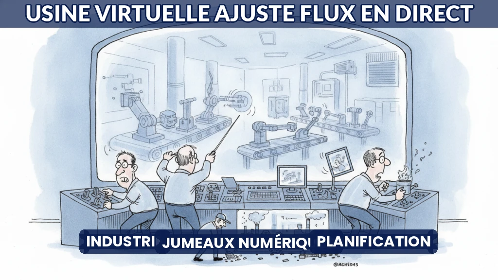 Illustration d'une usine virtuelle reflétant une production en temps réel.