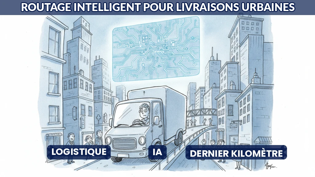 Camion de livraison en ville avec itinéraire optimisé par intelligence artificielle.