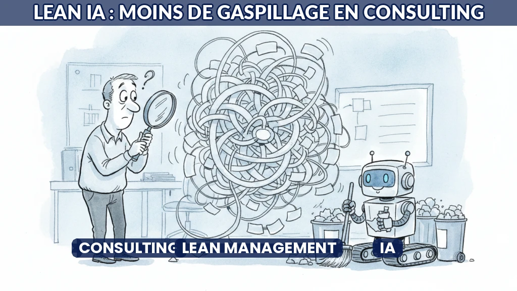Illustration d'un consultant optimisant un processus avec l'IA, style dessin épuré.