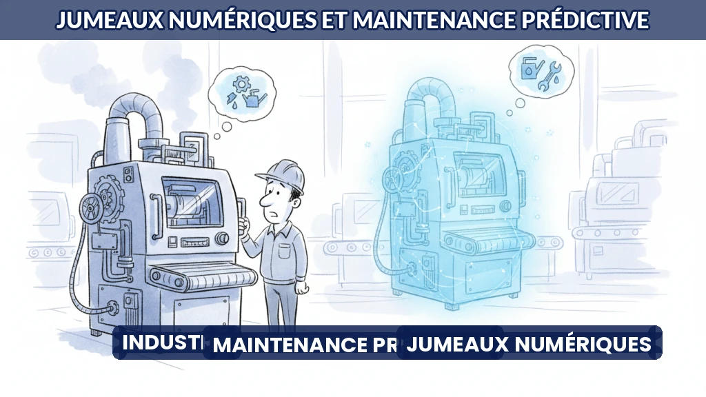 Illustration de jumeaux numériques surveillant des machines industrielles.