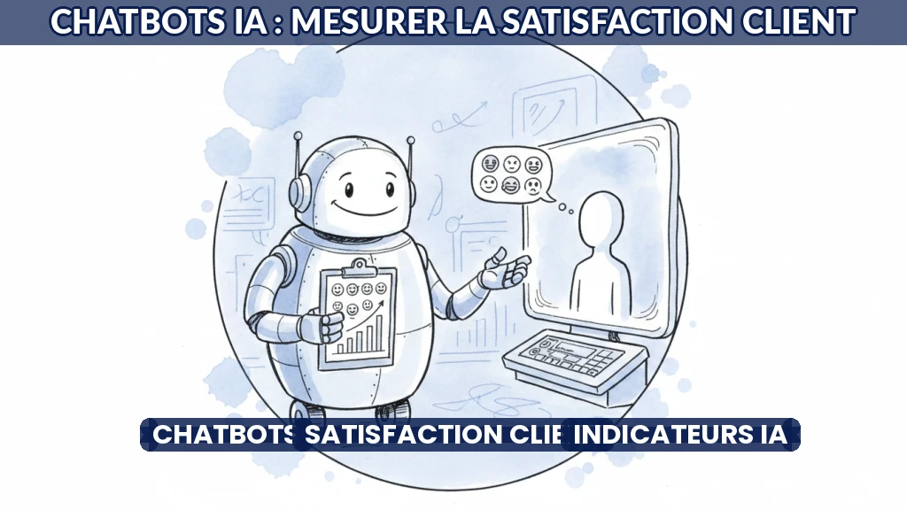 Illustration d'un chatbot IA évaluant la satisfaction client avec des indicateurs visuels.