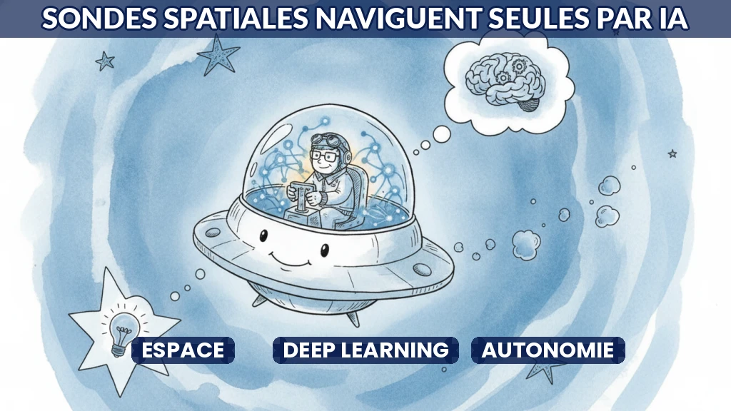 Sonde spatiale naviguant parmi les étoiles avec assistance par intelligence artificielle.