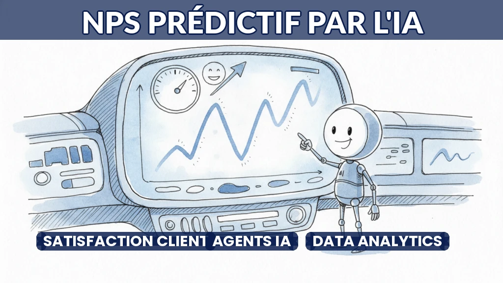Illustration d'un tableau de bord numérique affichant des scores de satisfaction client prédits par l'IA.