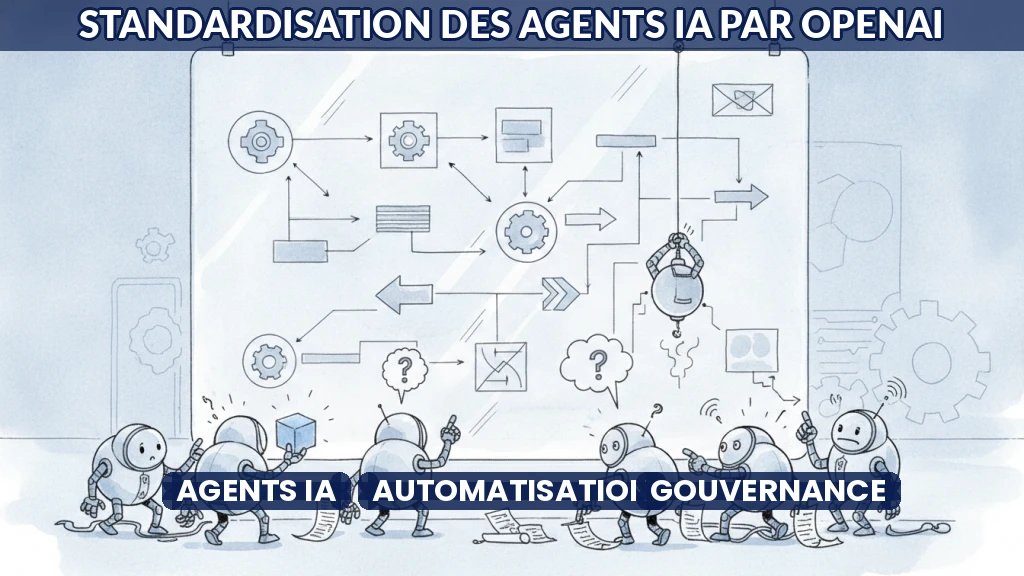 Illustration d'agents IA collaborant sur un flux de travail automatisé.