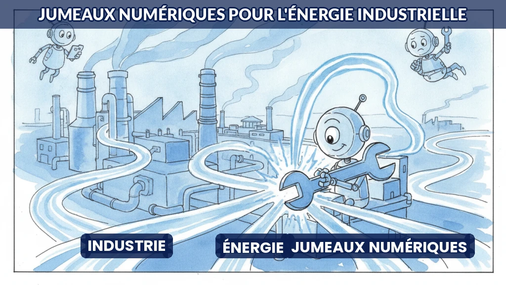 Usine virtuelle sur écran avec flux énergétiques visualisés en temps réel.