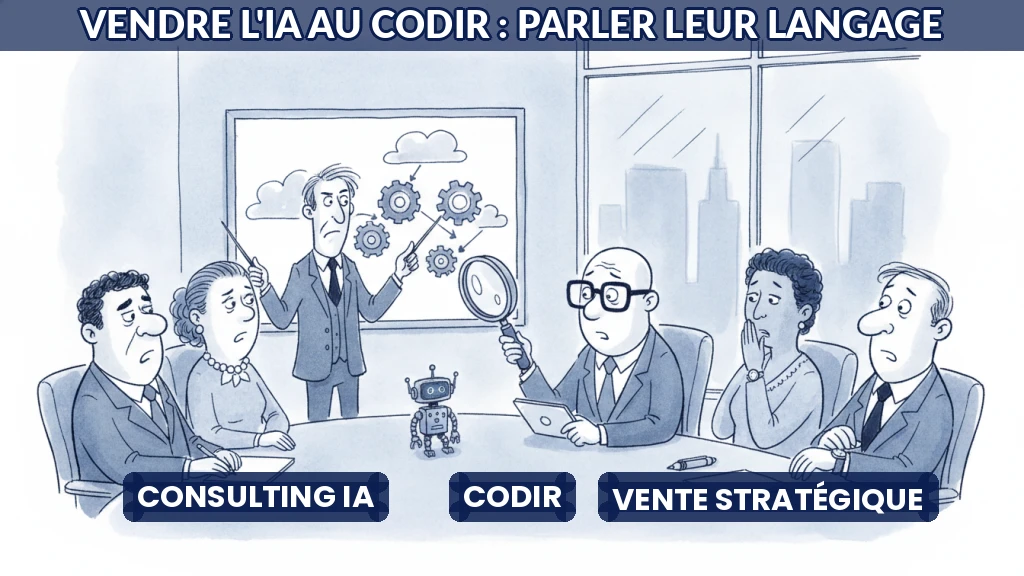 Illustration d'un consultant présentant un projet IA à un comité de direction attentif.