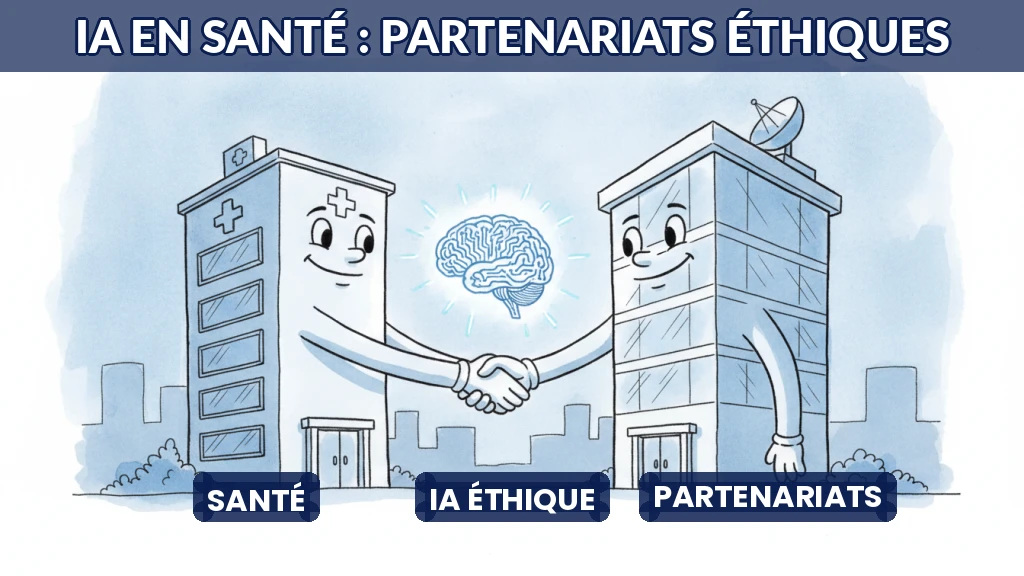 Illustration d'un partenariat entre un hôpital et une entreprise technologique autour de l'IA.