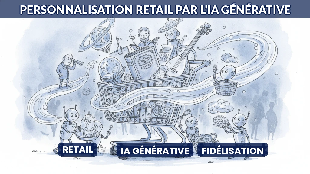 Illustration d'un panier d'achat personnalisé par l'IA, entouré de données et d'algorithmes.