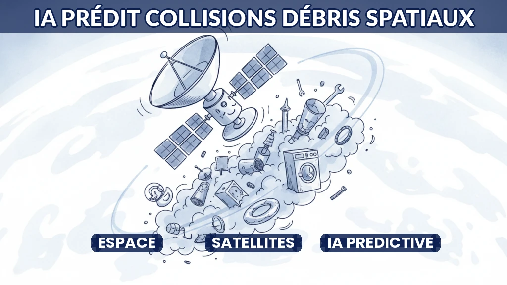 Satellite évitant des débris spatiaux grâce à l'intelligence artificielle