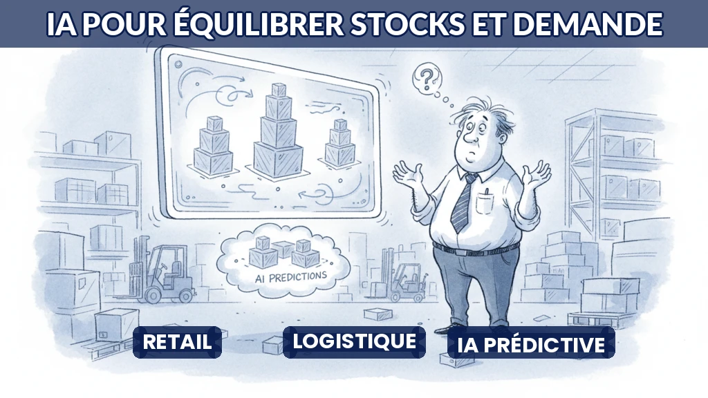 Illustration d'un entrepôt optimisé par l'IA avec des flux logistiques équilibrés