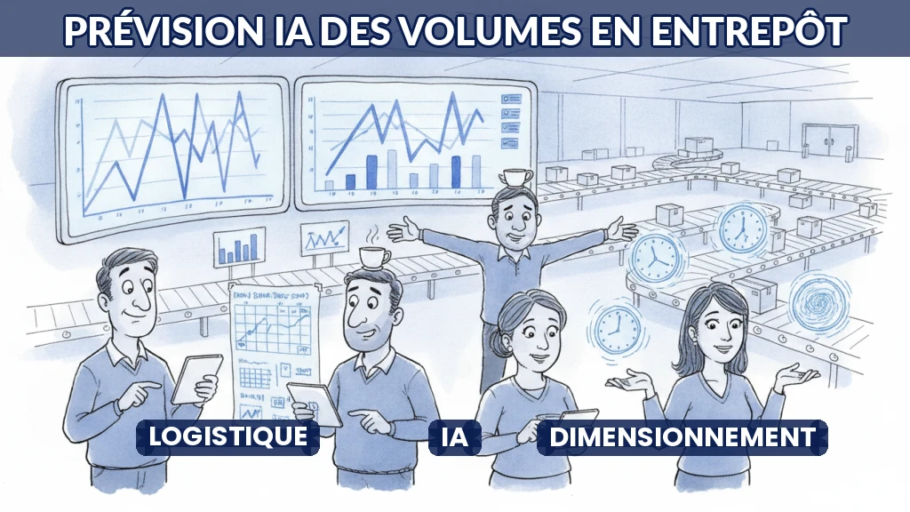 Illustration d'un entrepôt avec des graphiques de prévision et des équipes au travail.