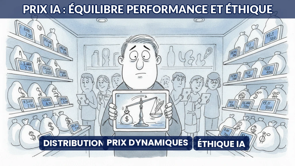 Illustration d'une balance entre algorithmes et éthique dans la fixation des prix.