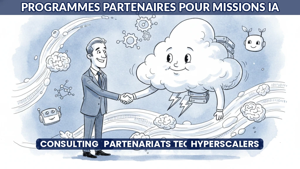 Consultant discutant avec un partenaire hyperscaler devant un écran d'IA.