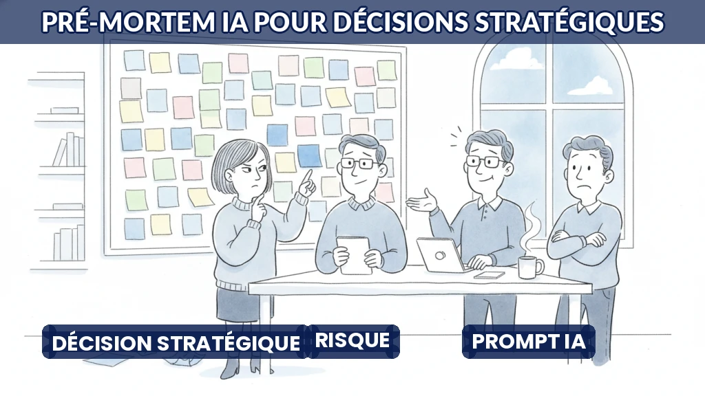 Illustration d'une équipe analysant des risques sur un tableau avec des post-it.