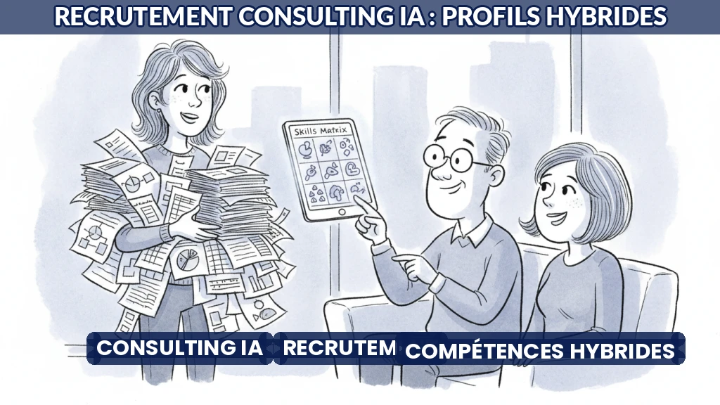 Illustration d'un entretien d'embauche pour un poste en consulting IA, avec un candidat et deux recruteurs.