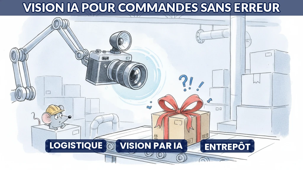 Bras robotisé scannant un colis avec une caméra IA en entrepôt.