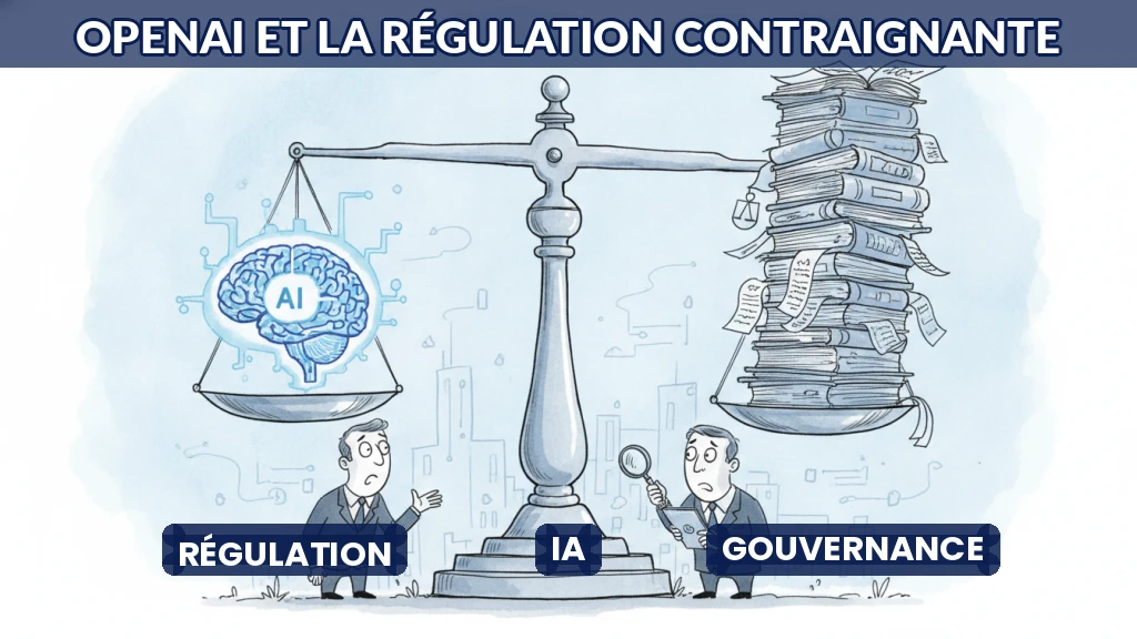 Illustration d'un équilibre entre innovation et cadre réglementaire en intelligence artificielle.