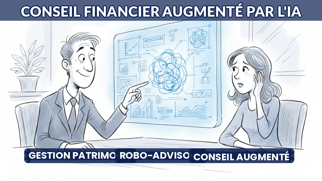 Conseiller financier discutant avec un client devant un écran d'analyse IA