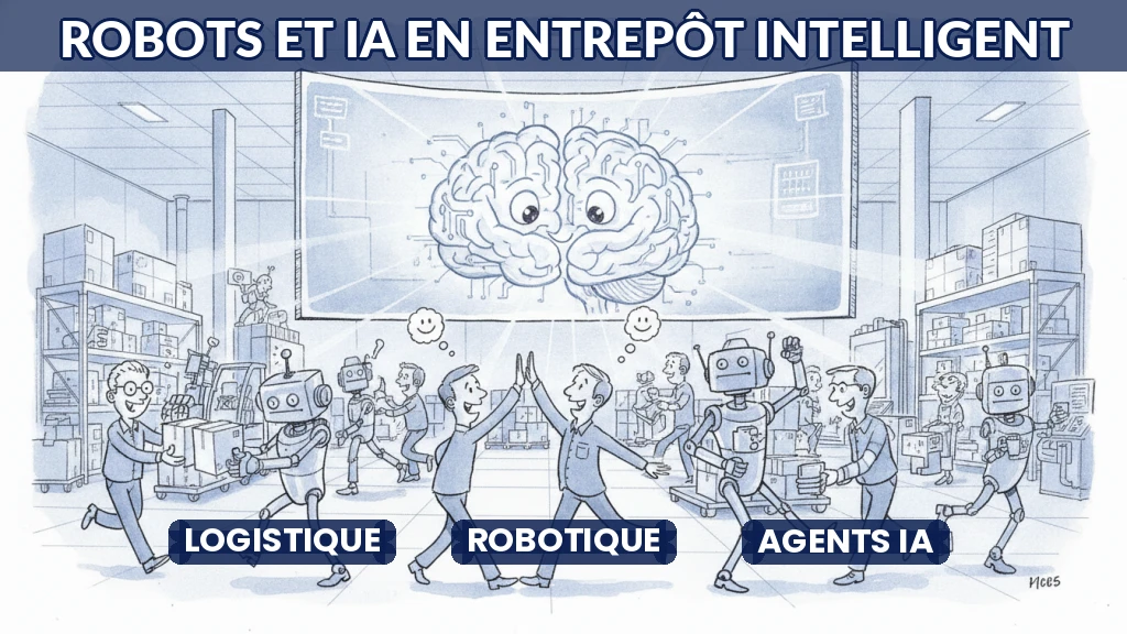 Illustration d'un entrepôt moderne où robots et humains collaborent sous l'œil d'une intelligence artificielle.