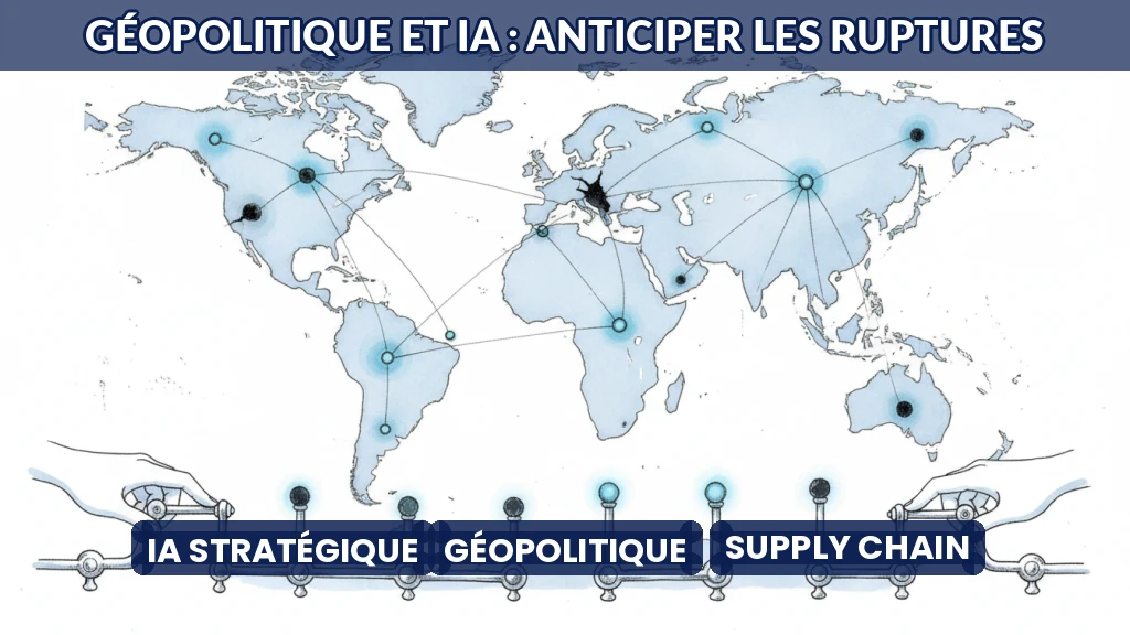 Carte du monde stylisée avec des flux technologiques et des points de tension géopolitique.