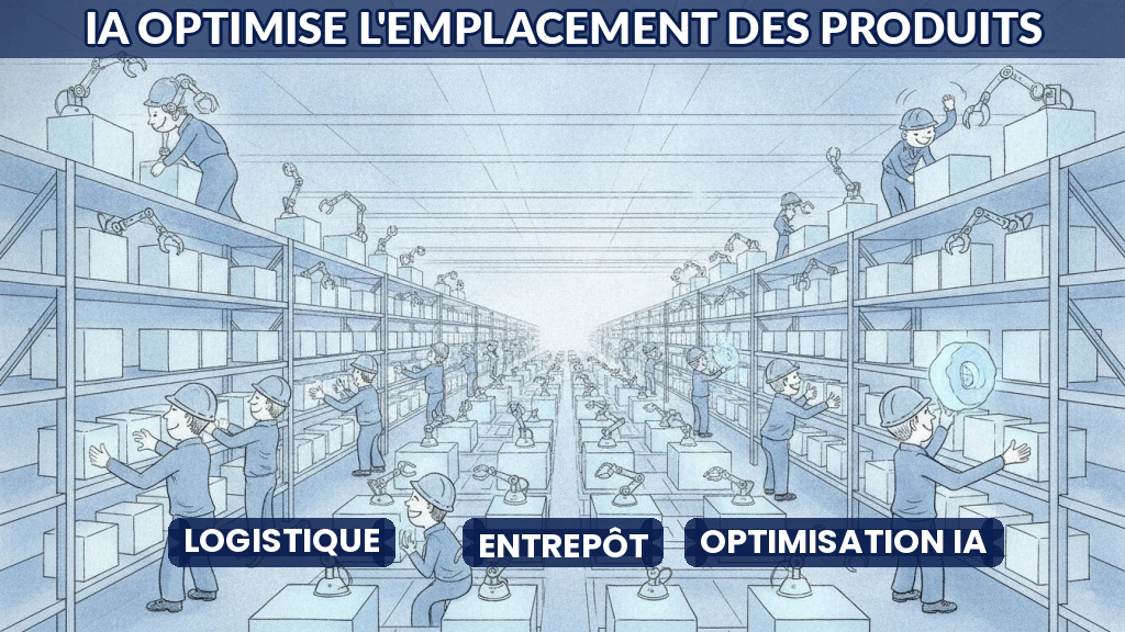 Illustration d'un entrepôt où des robots et opérateurs placent des produits optimisés par IA.