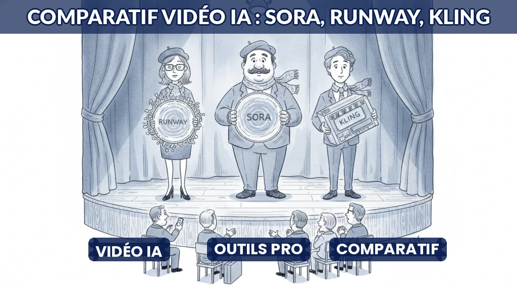 Illustration comparative de trois outils de génération vidéo par intelligence artificielle.