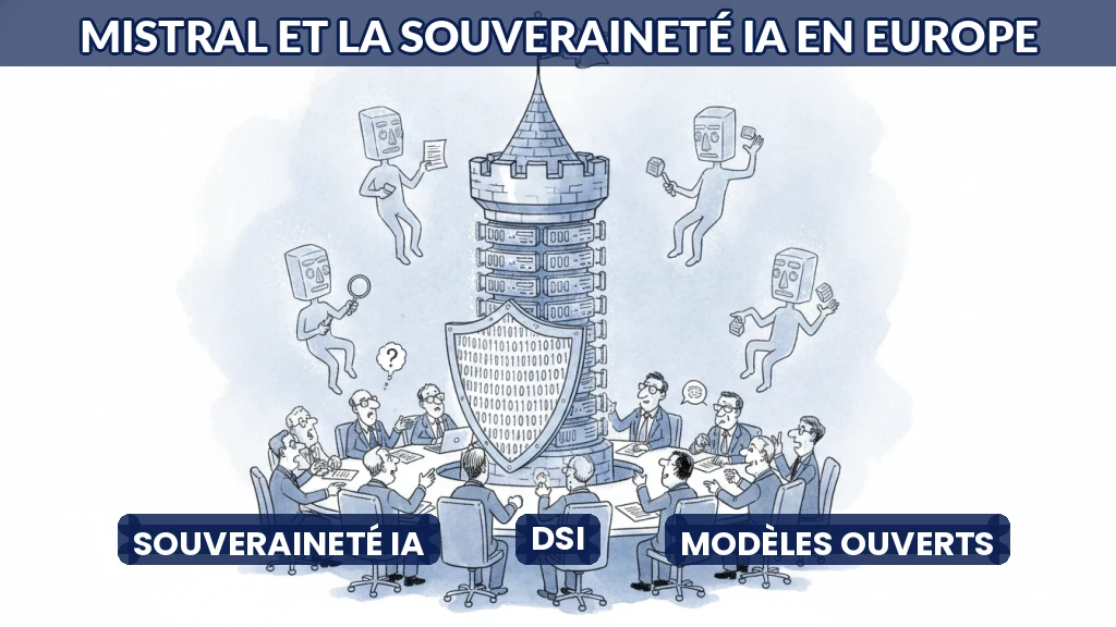 Illustration d'une tour de données européenne avec un bouclier technologique.