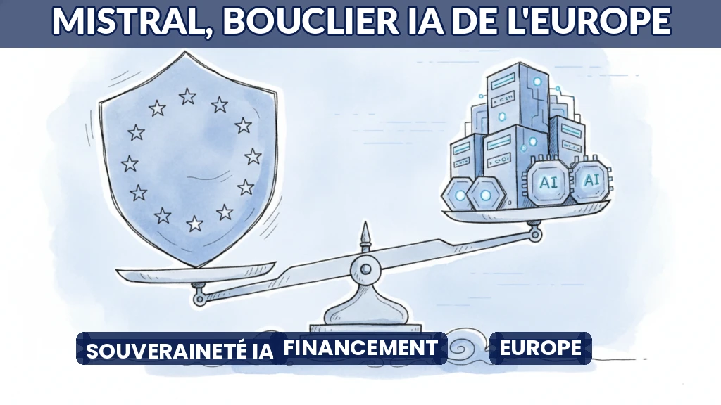 Illustration d'une balance européenne penchant vers un bouclier technologique, symbolisant la souveraineté IA.