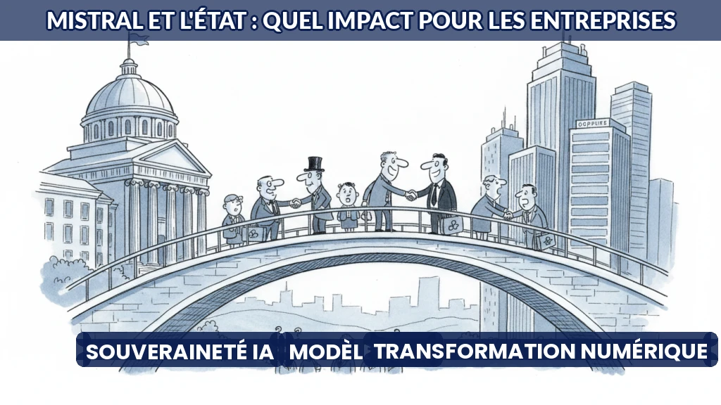 Illustration d'un pont entre un bâtiment public et des bureaux d'entreprises, symbolisant le lien État-secteur privé.