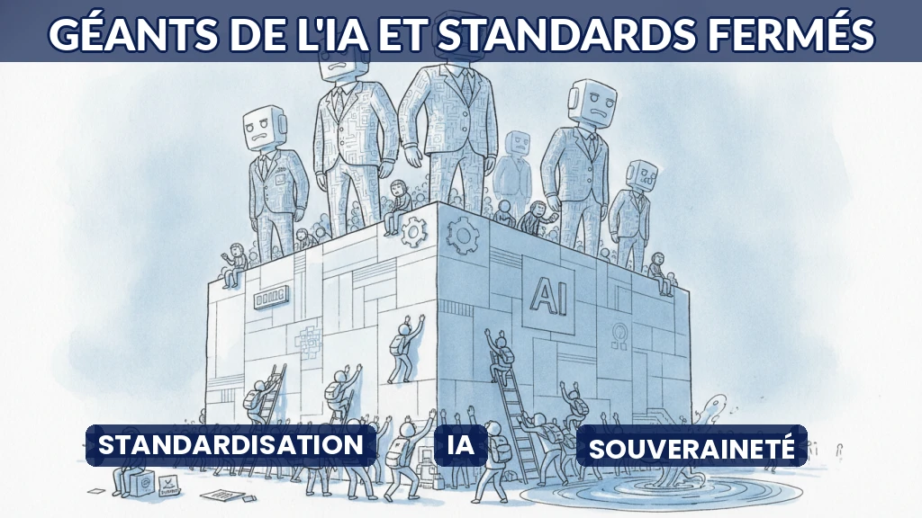 Illustration de géants technologiques contrôlant des standards d'IA.