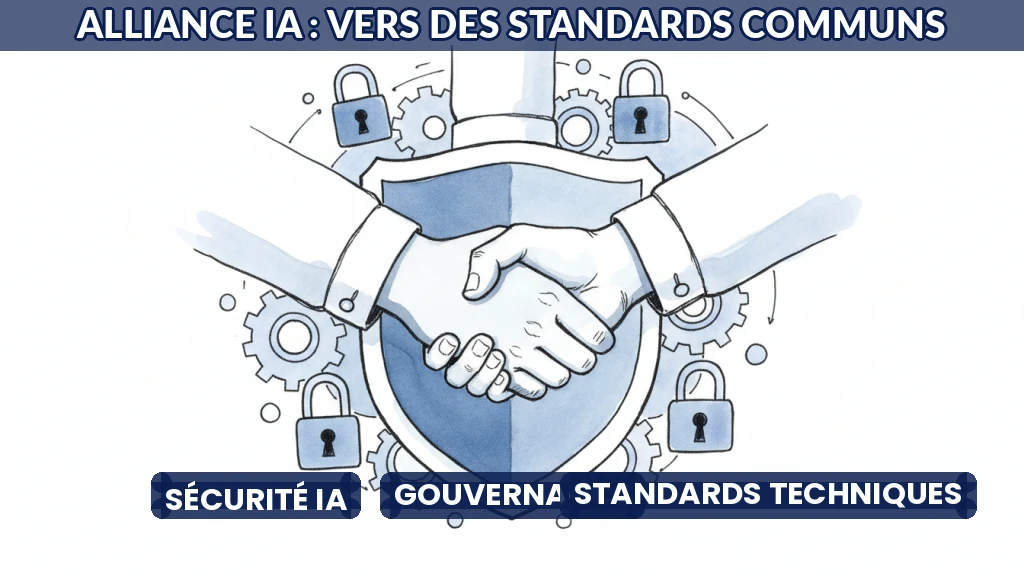 Illustration de trois mains serrant un bouclier symbolisant la sécurité des standards IA.