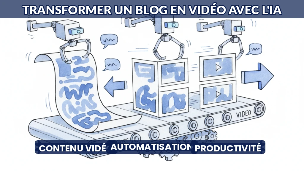Illustration d'un processus automatisé de transformation d'article en vidéo avec l'IA.