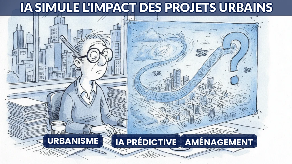 Illustration d'une ville futuriste avec des simulations numériques d'aménagement urbain.