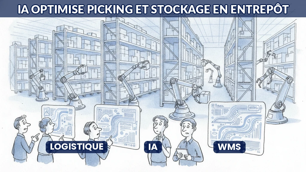Illustration d'un entrepôt automatisé avec robots et IA optimisant le stockage.