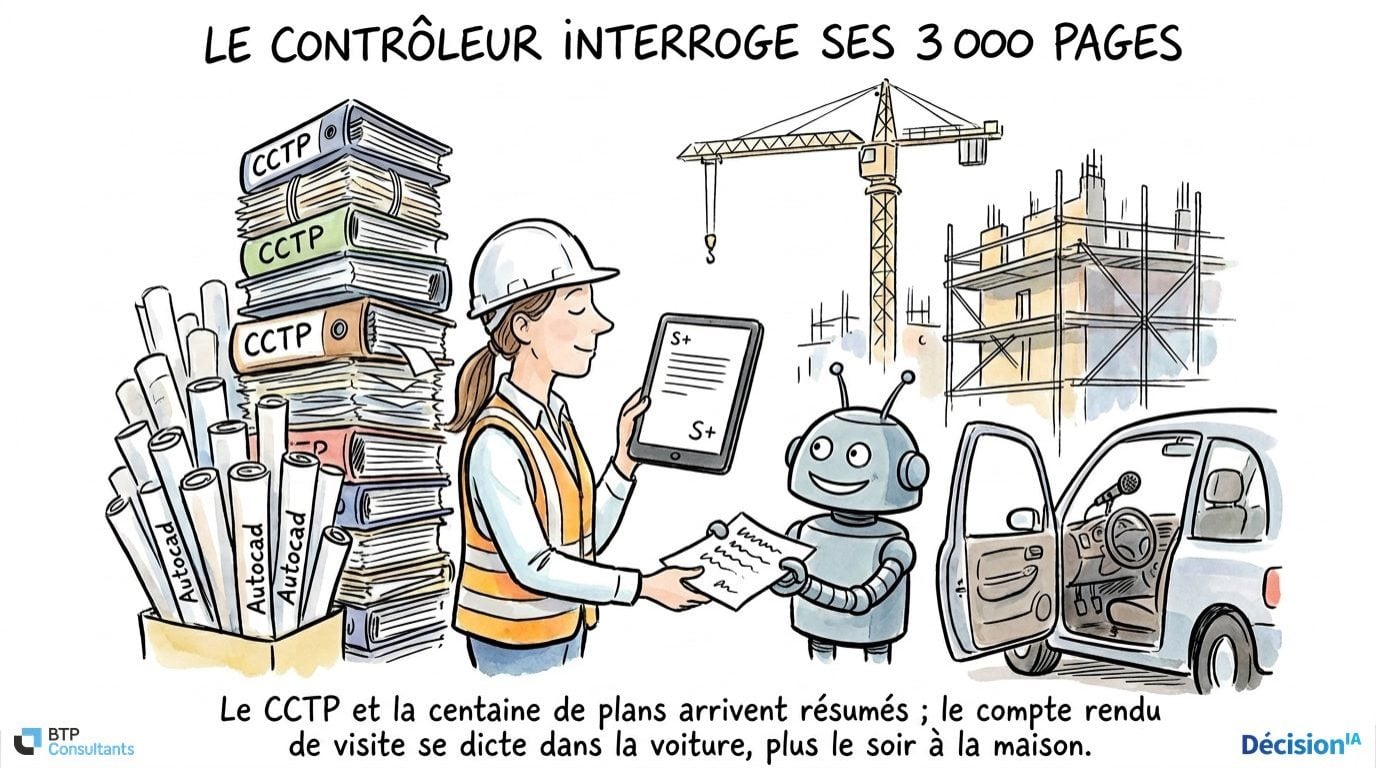 Slide dessinée « Le contrôleur interroge ses 3 000 pages », conférence IA pour BTP Consultants
