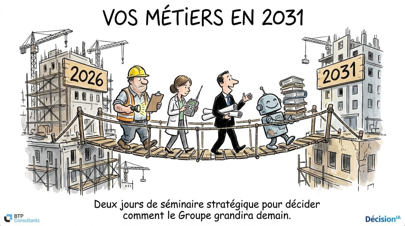 Slide dessinée « Vos métiers en 2031 », conférence IA pour BTP Consultants