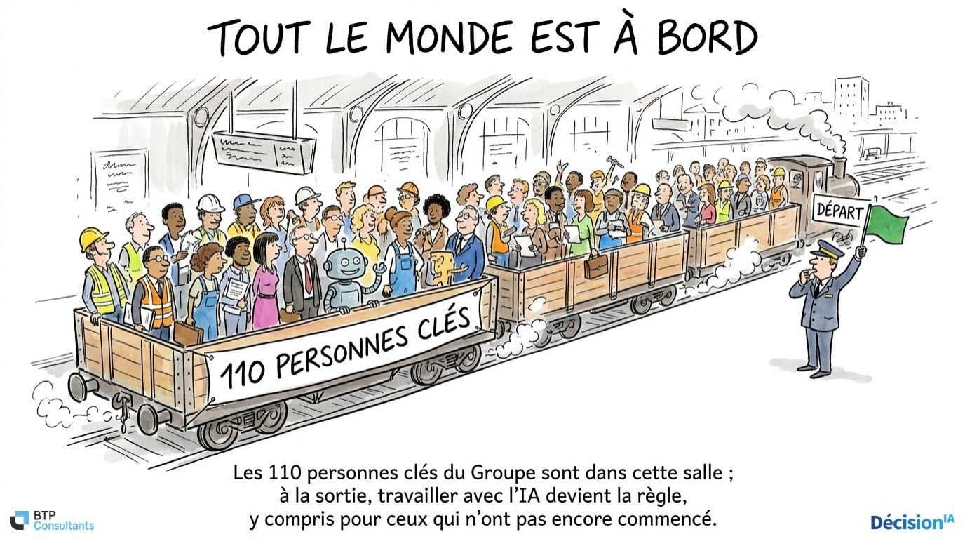 Slide dessinée « Tout le monde est à bord », conférence IA pour les 110 managers de BTP Consultants
