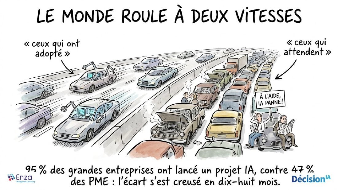 Slide dessinée « Le monde roule à deux vitesses », conférence IA pour Enza Management Consulting