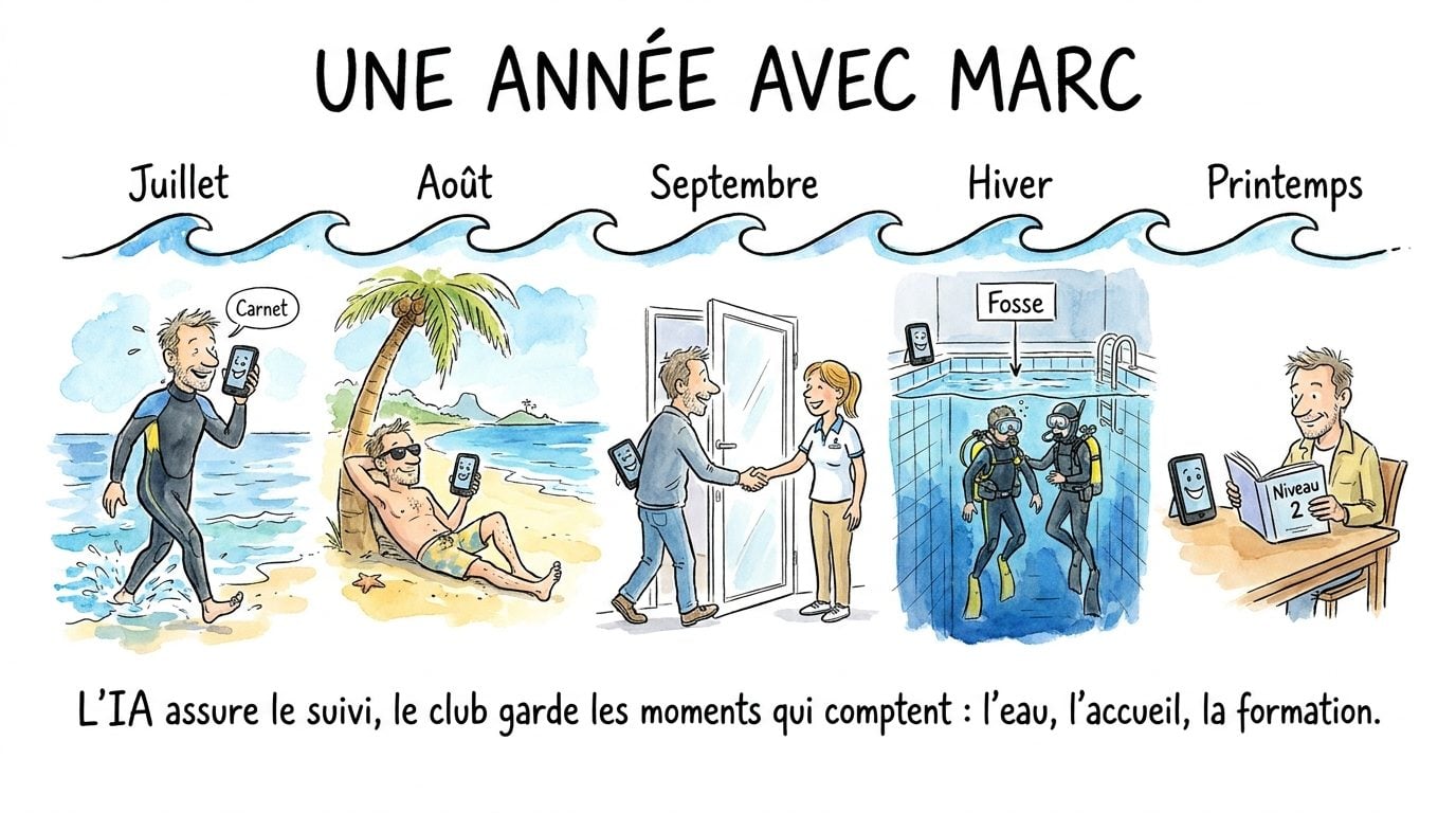Slide dessinée « Une année avec Marc », conférence IA pour la FFESSM