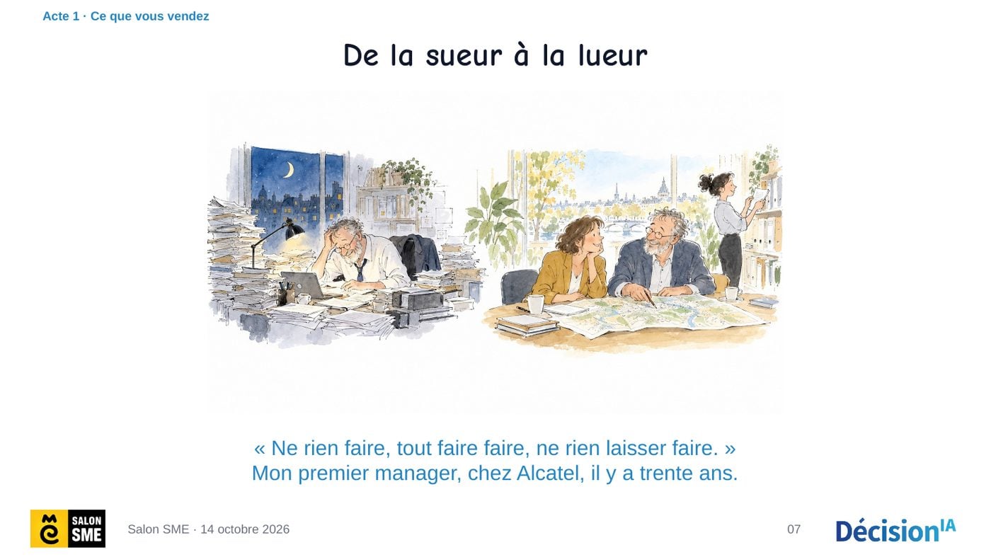 Slide dessinée « De la sueur à la lueur », conférence IA au Salon SME