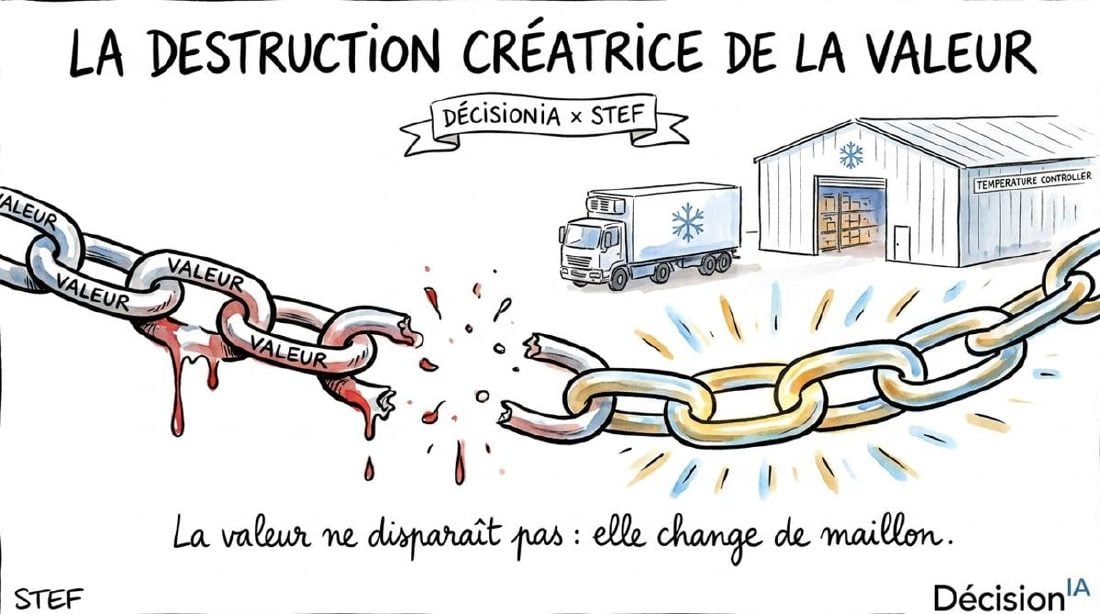 Slide dessinée « La destruction créatrice de la valeur », conférence IA pour le groupe STEF